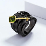 Two-Tone Inlaid Topaz Green AAA+ Zircon Crystal Special Design Black Gold Colour Ring - The Jewellery Supermarket