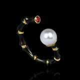 Creative Black Gold Geometric Line Simulated Pearl Irregular Opening Adjustable Ring - The Jewellery Supermarket