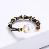 Creative Black Gold Geometric Line Simulated Pearl Irregular Opening Adjustable Ring - The Jewellery Supermarket