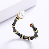 Creative Black Gold Geometric Line Simulated Pearl Irregular Opening Adjustable Ring - The Jewellery Supermarket