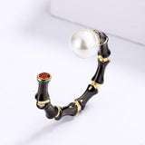 Creative Black Gold Geometric Line Simulated Pearl Irregular Opening Adjustable Ring - The Jewellery Supermarket