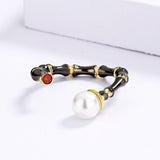 Creative Black Gold Geometric Line Simulated Pearl Irregular Opening Adjustable Ring - The Jewellery Supermarket