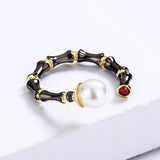 Creative Black Gold Geometric Line Simulated Pearl Irregular Opening Adjustable Ring - The Jewellery Supermarket