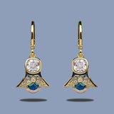 Handmade Enamel Inlaid AAA+ Blue and White Zircon Fashion Geometric Triangle Long Earrings