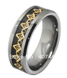 New Golden Masonic Foil & Black Fiber Inlay Men's Tungsten Carbide Wedding Ring